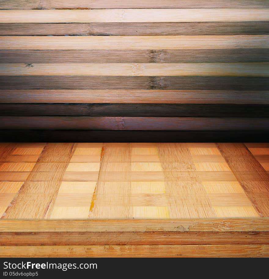 Room covered with wooden planks. Wooden walls and floor. With dark background. Room covered with wooden planks. Wooden walls and floor. With dark background