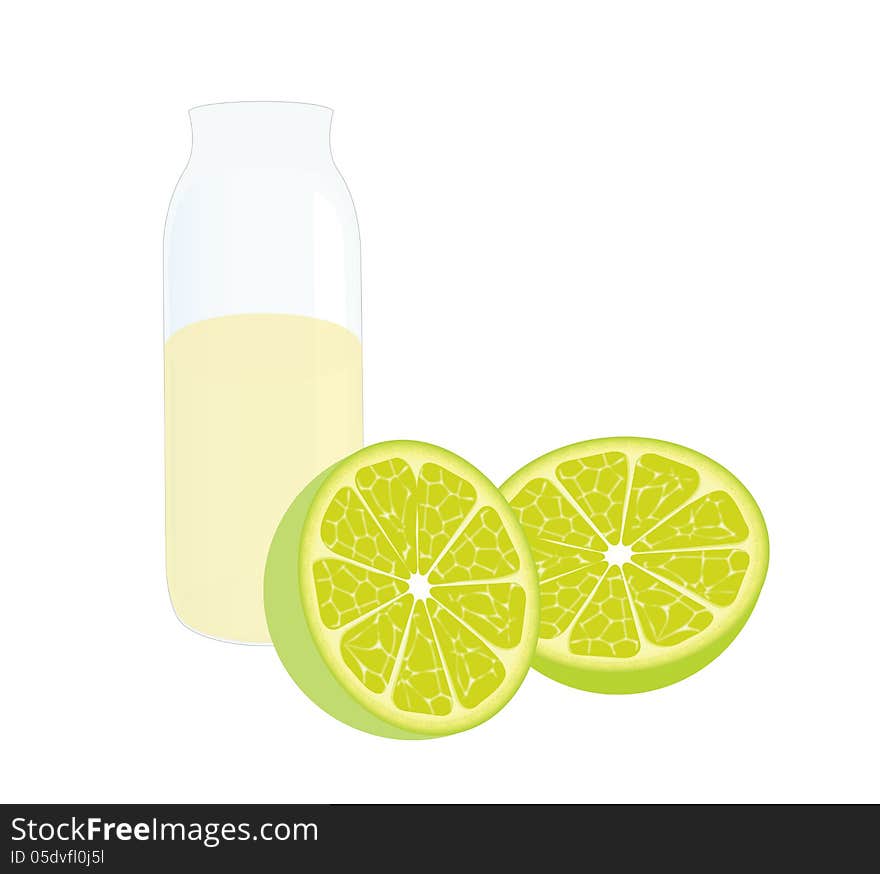 Cleaved lemons and a glass bottle of lemon juice. Cleaved lemons and a glass bottle of lemon juice