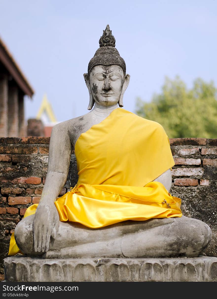 Ancient Buddha Statue At Wat Yai Chai Mongkol In Ayutthaya, Thai