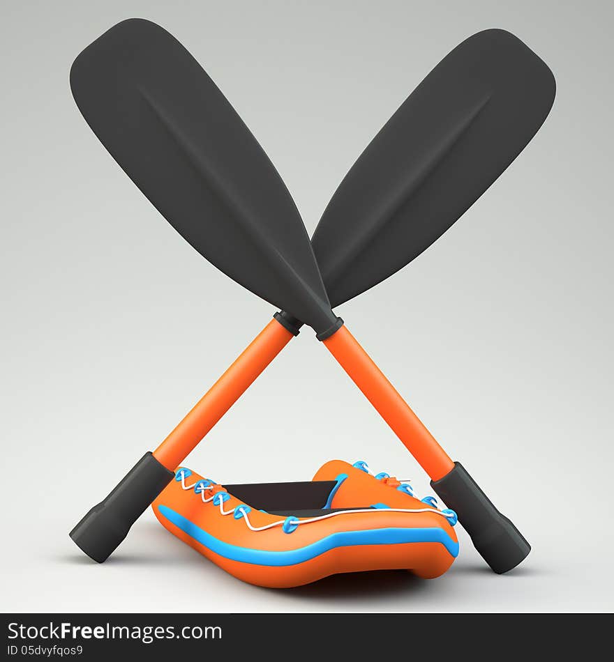 Inflatable boat with two oars on grey background