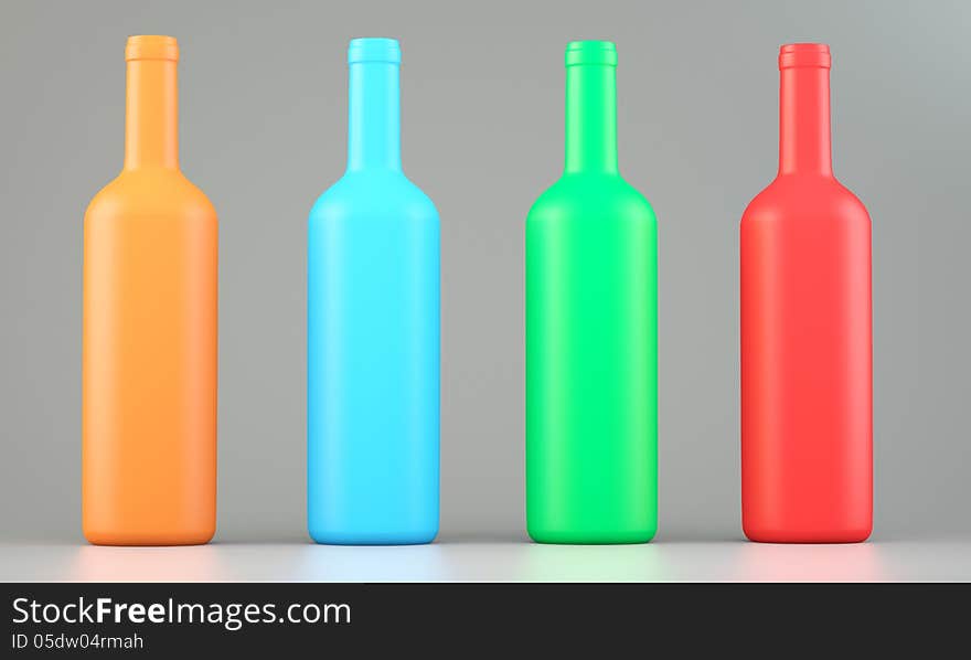 Four colored wine bottles on grey background