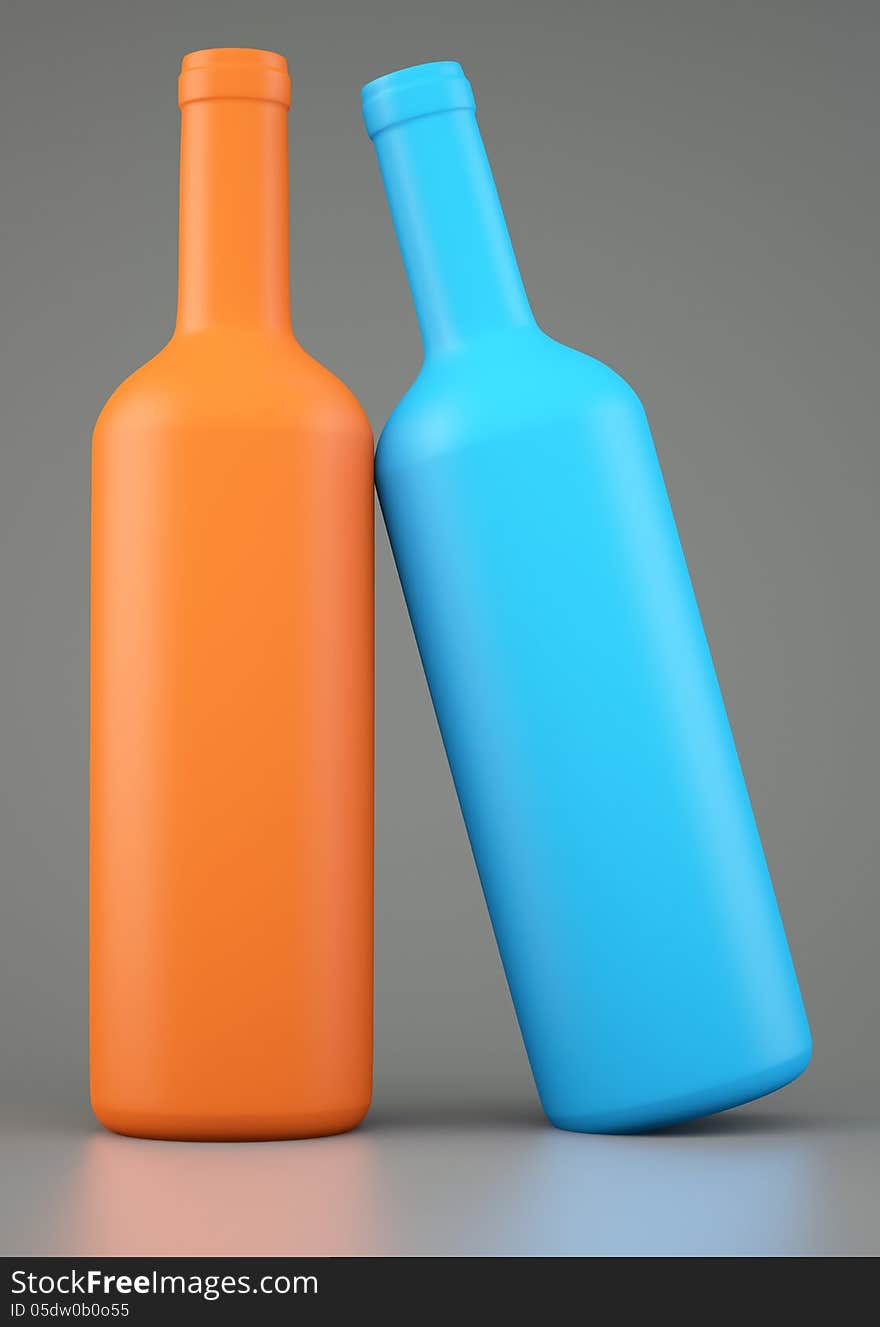 Two blank wine bottles on grey background