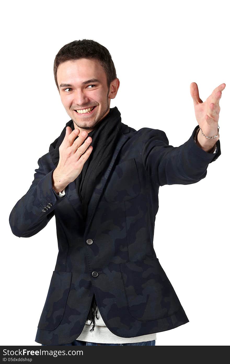 Portrait of young cheerful man showing the purpose on white background