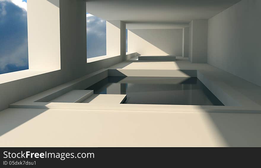 3d design. Futuristic 3d interior and pool. 3d design. Futuristic 3d interior and pool