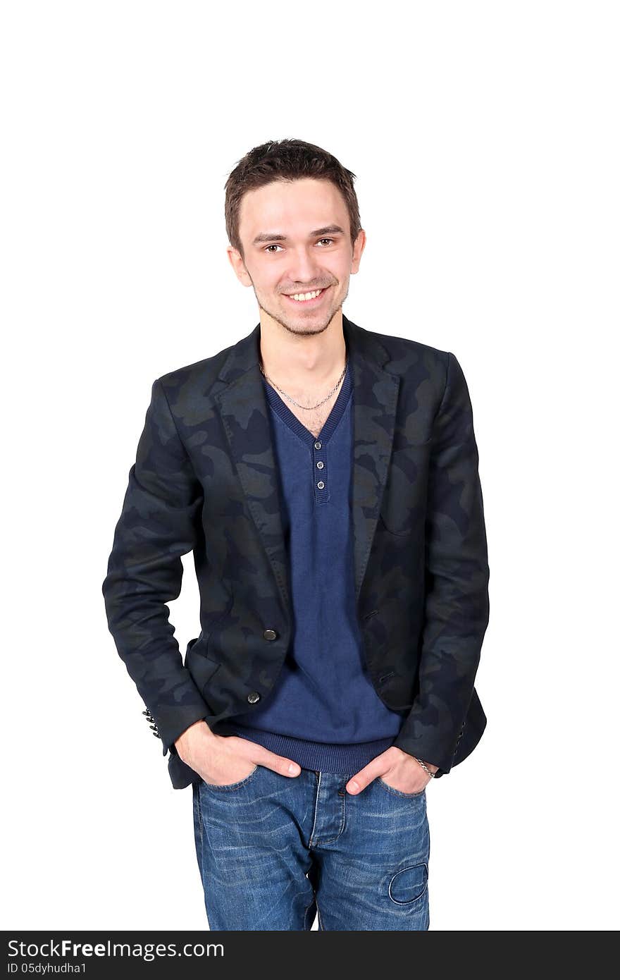 Portrait of young handsome man smiling on white background