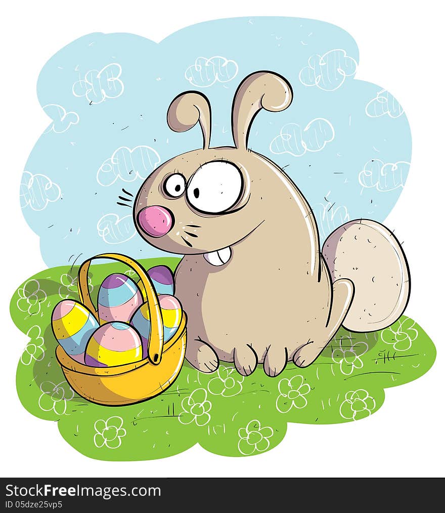 Easter Bunny with Basket of Eggs hand drawing. Illustration is in eps10 mode!