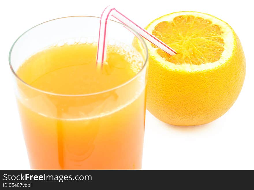 Orange juice and orange on a white background