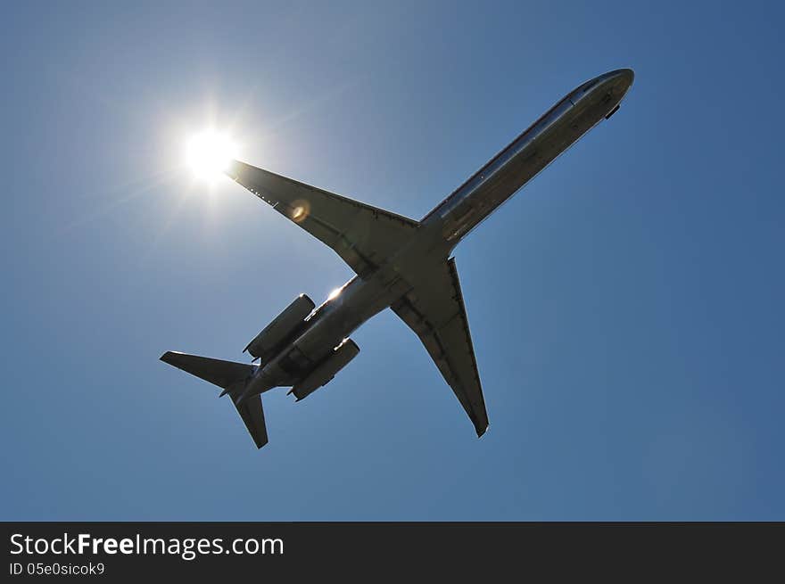 Jet approaching and departing airport. Jet approaching and departing airport