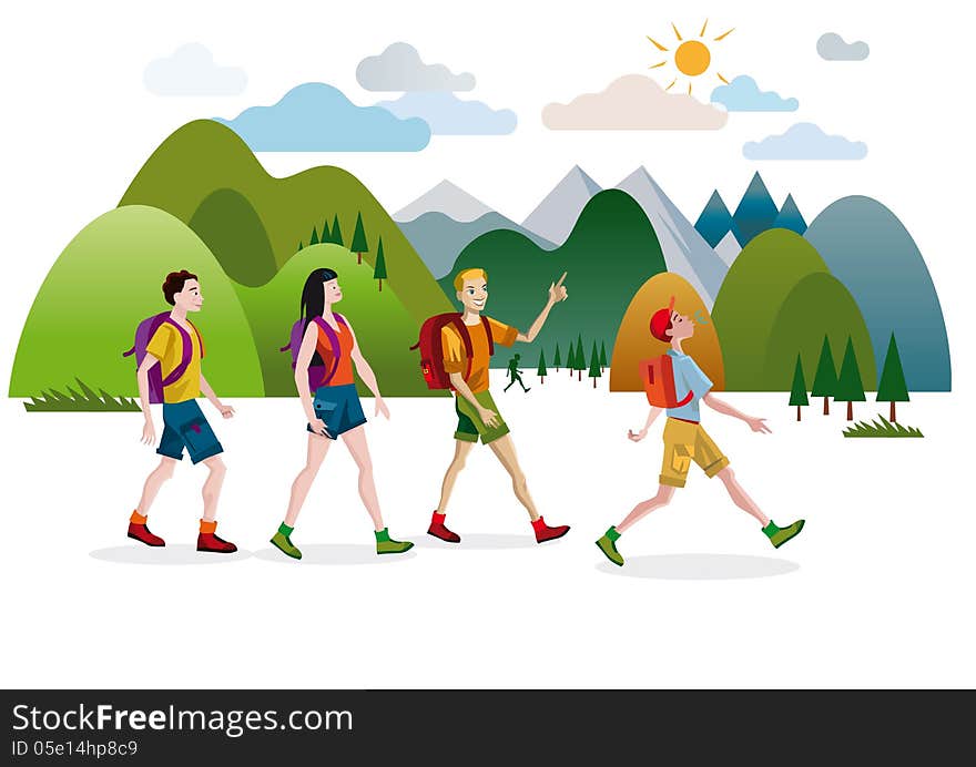 A group of friends, boys and girls, walking cheerful and happy through the mountains on a beautiful spring day. A group of friends, boys and girls, walking cheerful and happy through the mountains on a beautiful spring day.