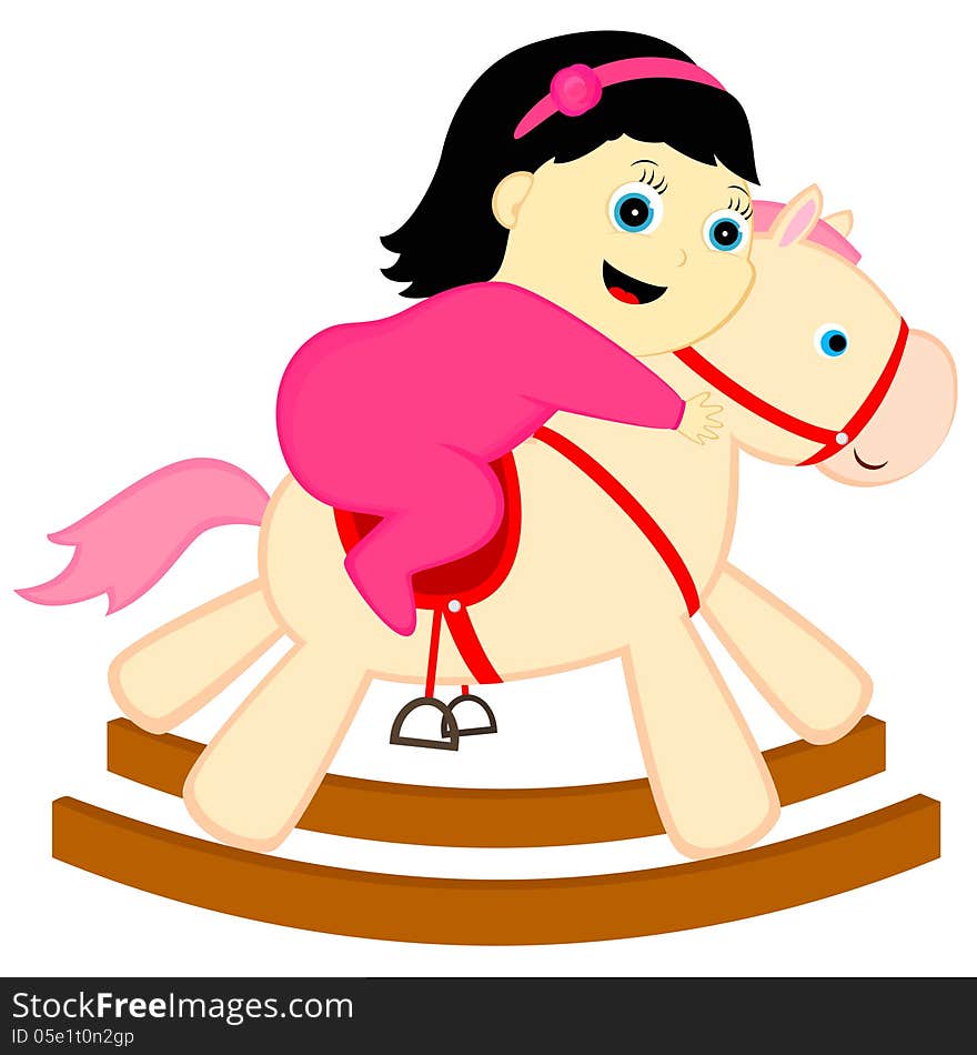 A girl rides a horse-rocking chair. A girl rides a horse-rocking chair