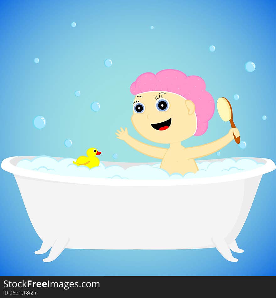 The little girl bathes in the bath. The little girl bathes in the bath