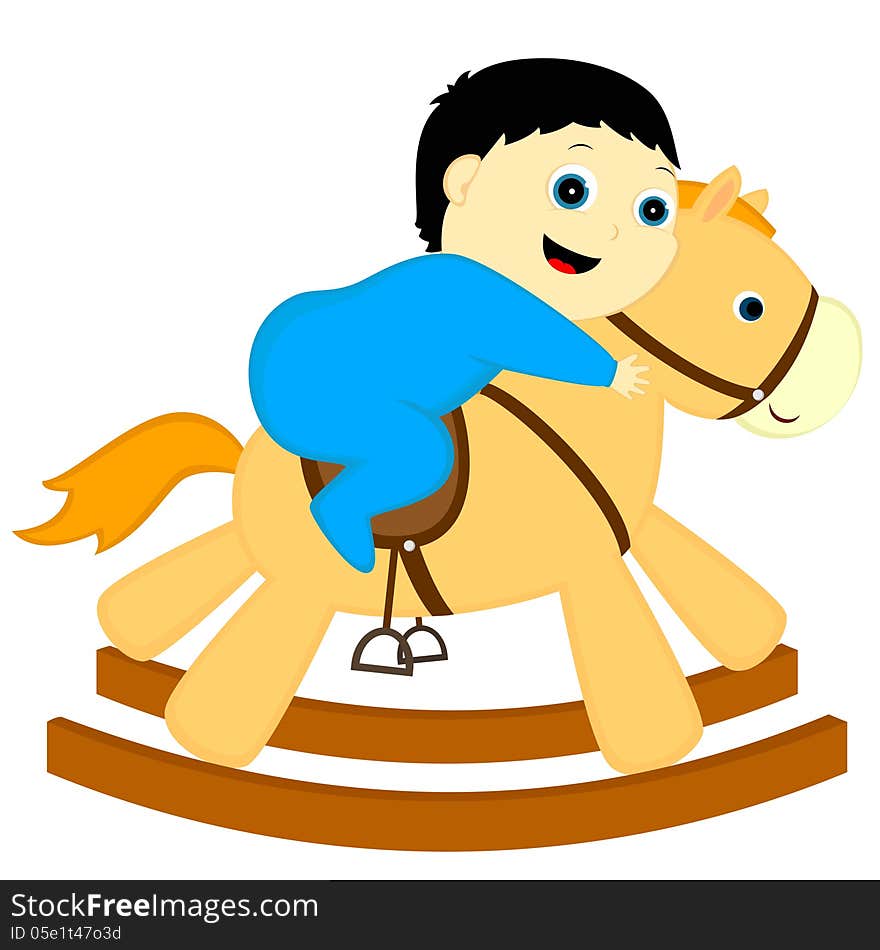 A boy rides a horse-rocking chair. A boy rides a horse-rocking chair