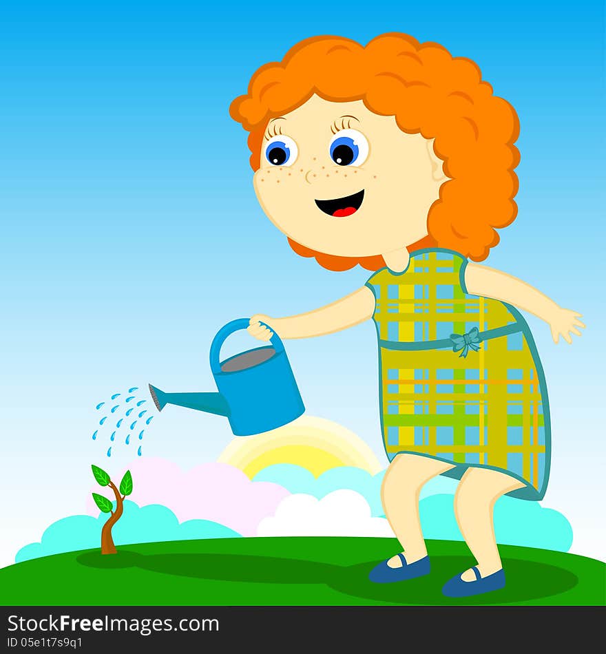 Redhead girl pours a tree