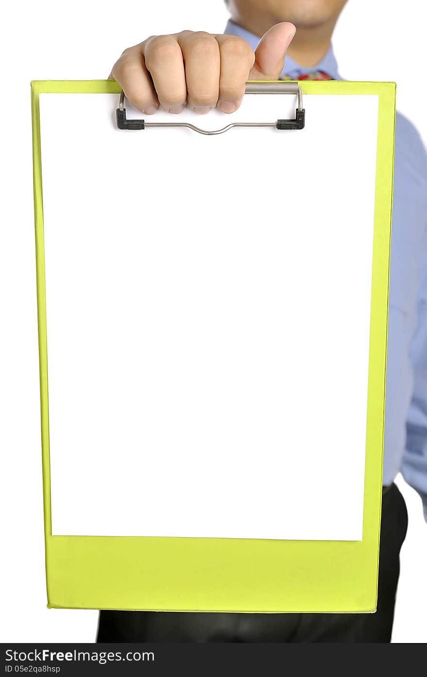 Businessman holding white paper on the clipboard. You can put your message on the paper. Businessman holding white paper on the clipboard. You can put your message on the paper