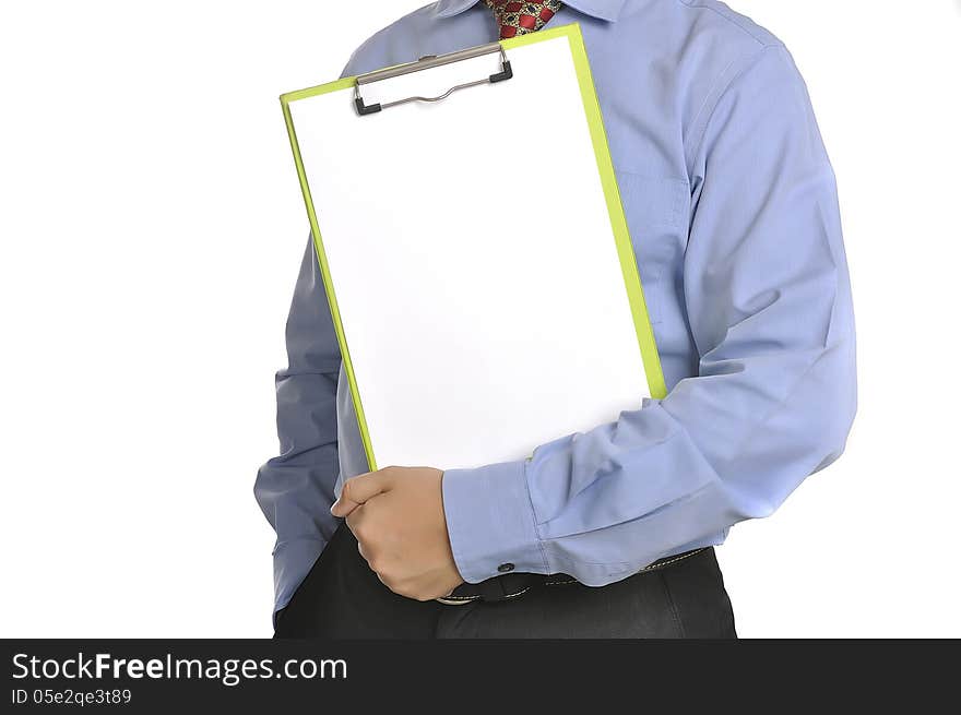 Businessman holding white paper on the clipboard. You can put your message on the paper. Businessman holding white paper on the clipboard. You can put your message on the paper