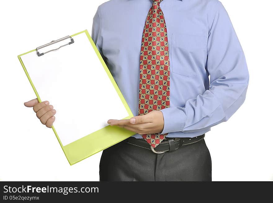 Businessman holding white paper on the clipboard. You can put your message on the paper. Businessman holding white paper on the clipboard. You can put your message on the paper