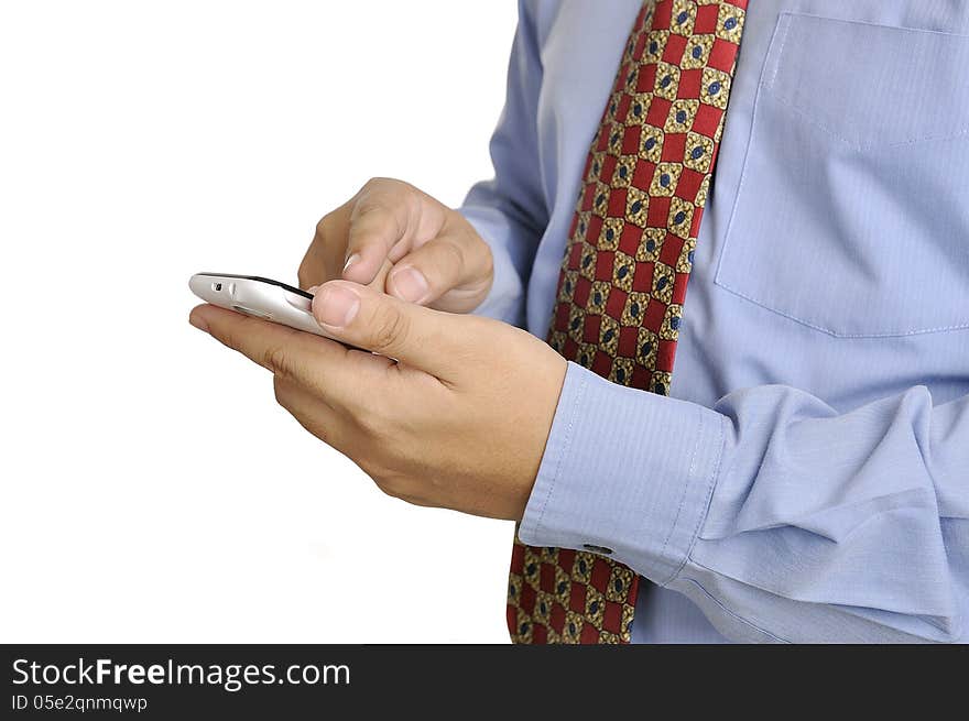 Business man holding smartphone isolated over white background