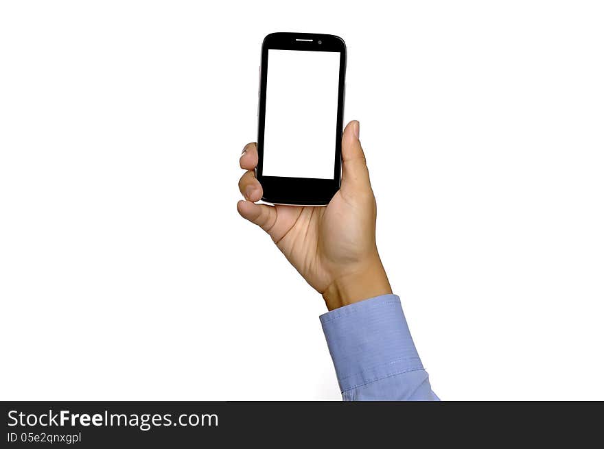 Business man holding smartphone isolated over white background