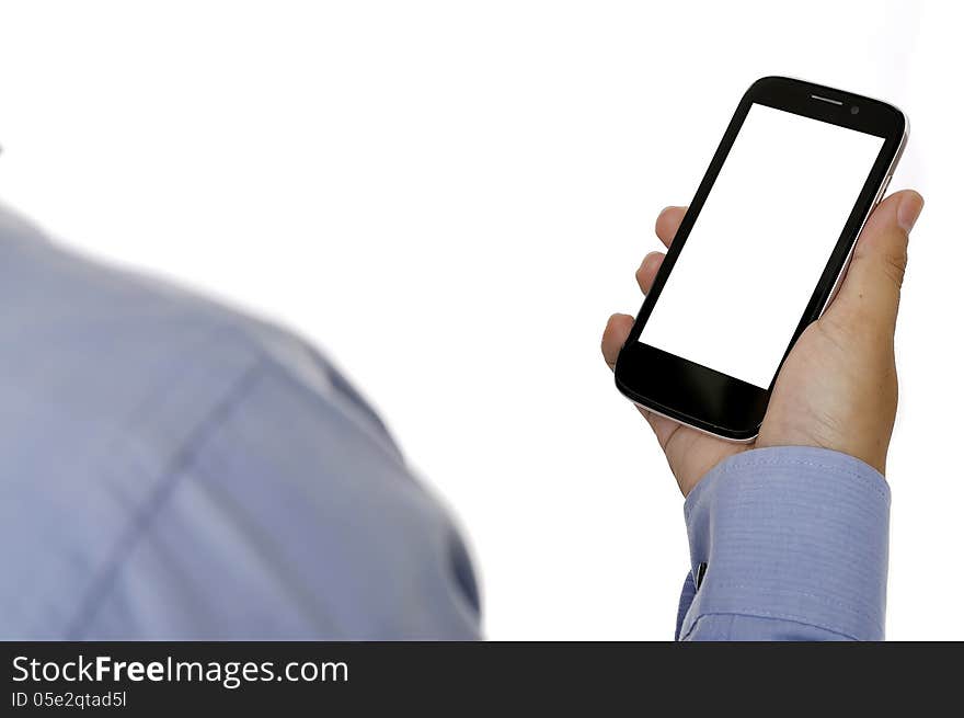 Business man holding smartphone isolated over white background