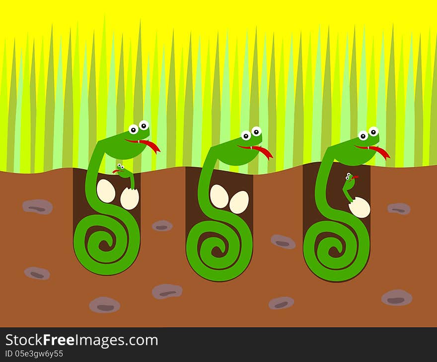 A funny illustration of snakes and their eggs inside a pit. A funny illustration of snakes and their eggs inside a pit