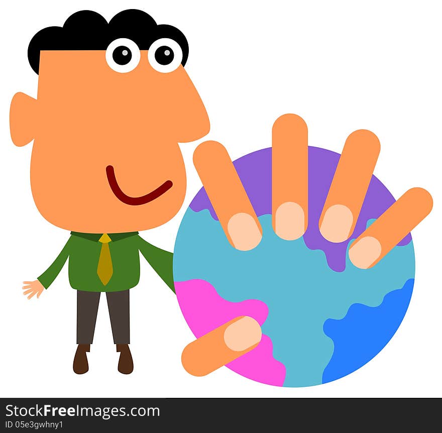 Illustration of a business man holding the world in his hand. Illustration of a business man holding the world in his hand