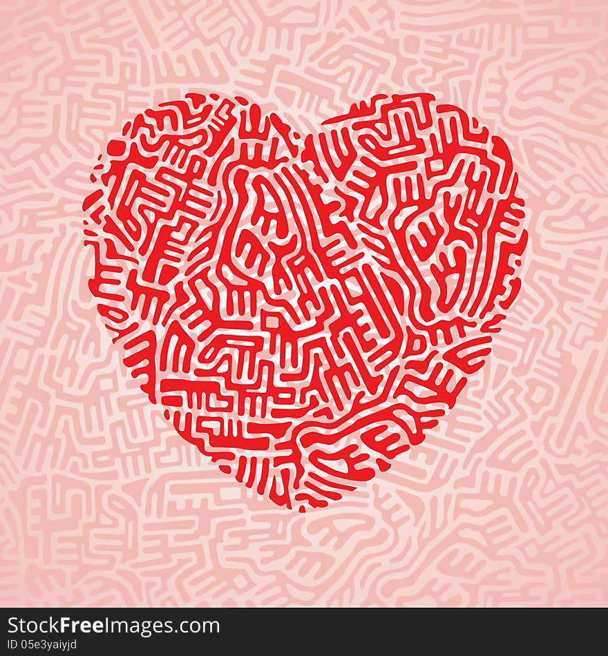 Abstract red heart made of doodle shapes on pink seamless background. Abstract red heart made of doodle shapes on pink seamless background