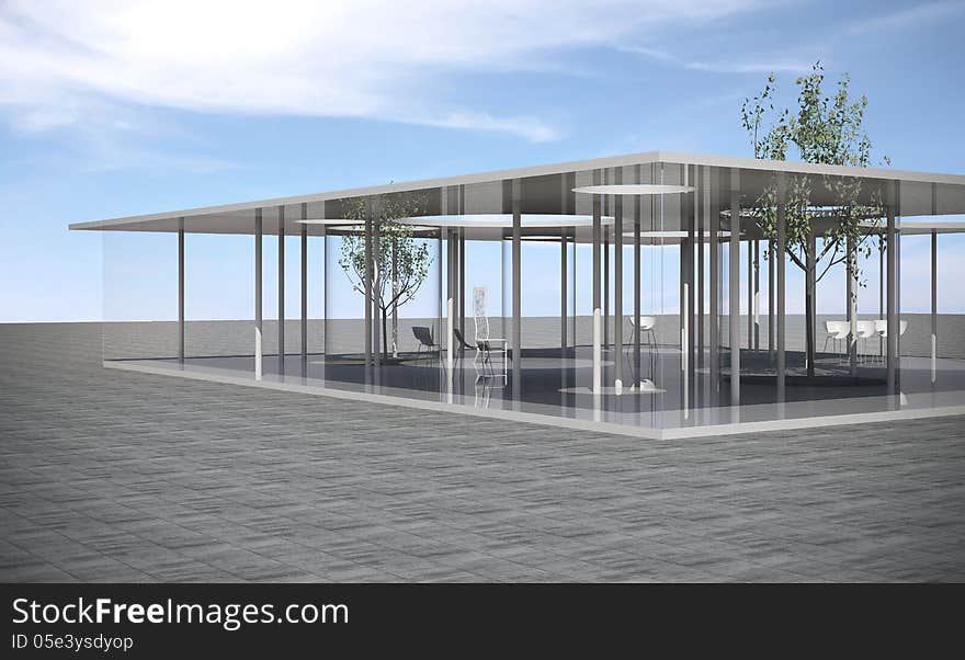 Conceptual modern building with clear glass and column