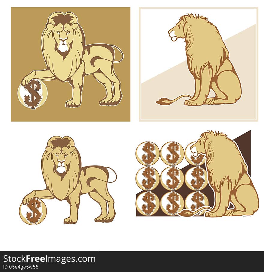 Set of symbols of reliability and wealth - the mighty lions in different postures. Set of symbols of reliability and wealth - the mighty lions in different postures