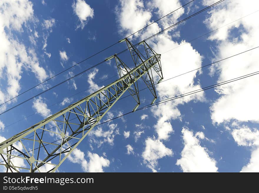 Electricity pylon of high voltage line on blue sky.