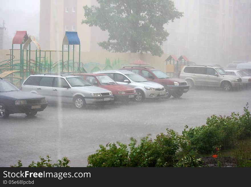 Cars in the rain on a summer day