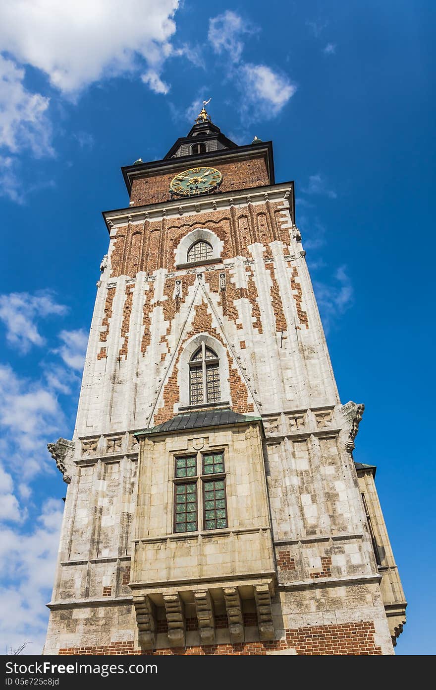 Gothic Town Hall Tower in the Old Town Market Square in Krakow. Built of stone and brick at the end of the 13th century, one of the best recognizable landmark of the city.