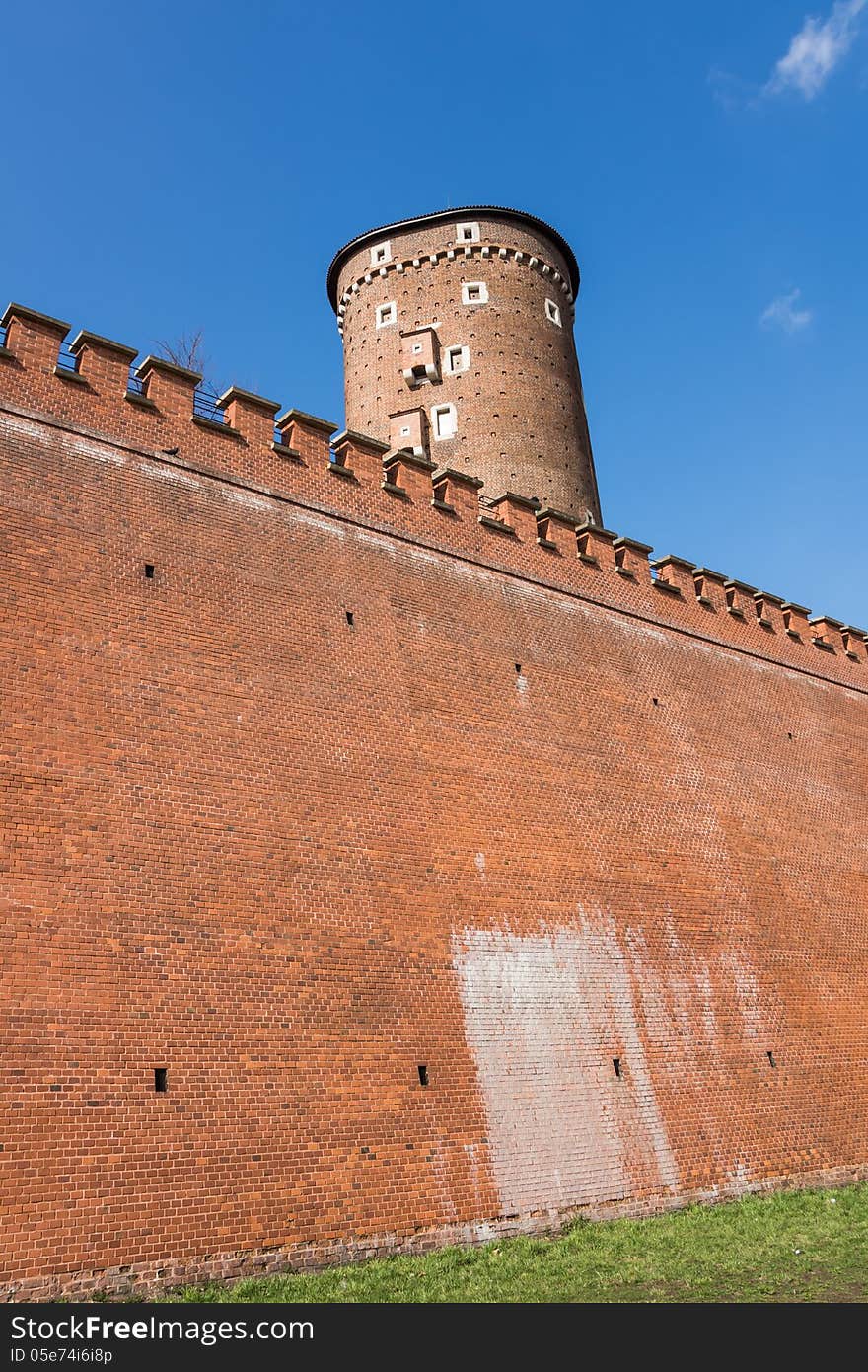 Ancient fortifications surrounding Wawel Royal Castle in Krakow, Poland.