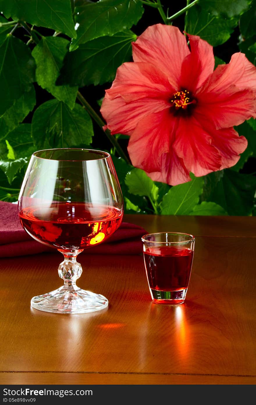 A glass with red wine and a small glass with liquor, the background - a flowering plant. A glass with red wine and a small glass with liquor, the background - a flowering plant