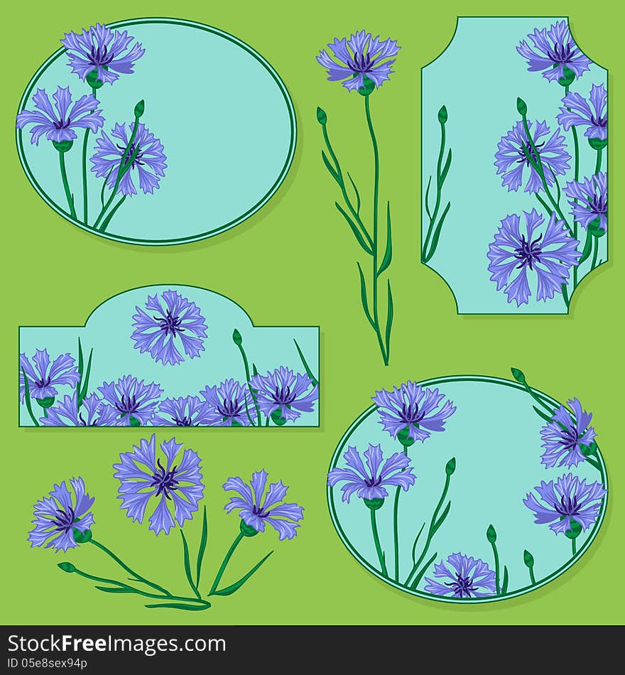 Set of elements with blue cornflowers