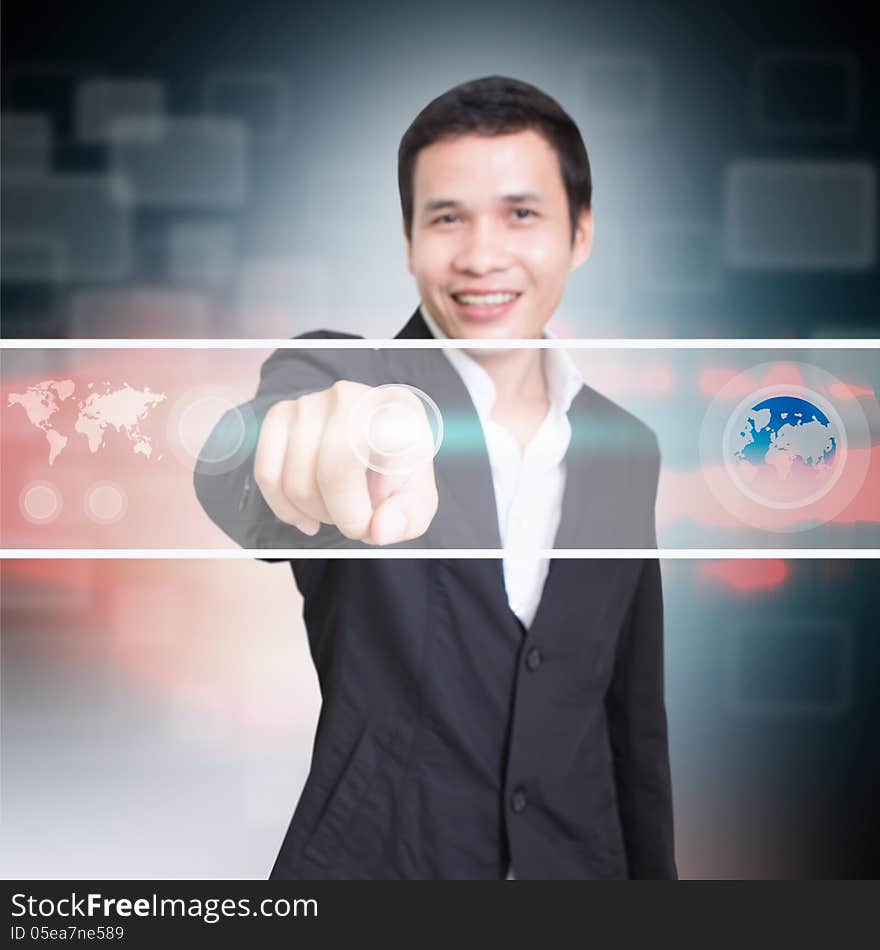 Asian Businessman Working With Touchscreen. Asian Businessman Working With Touchscreen