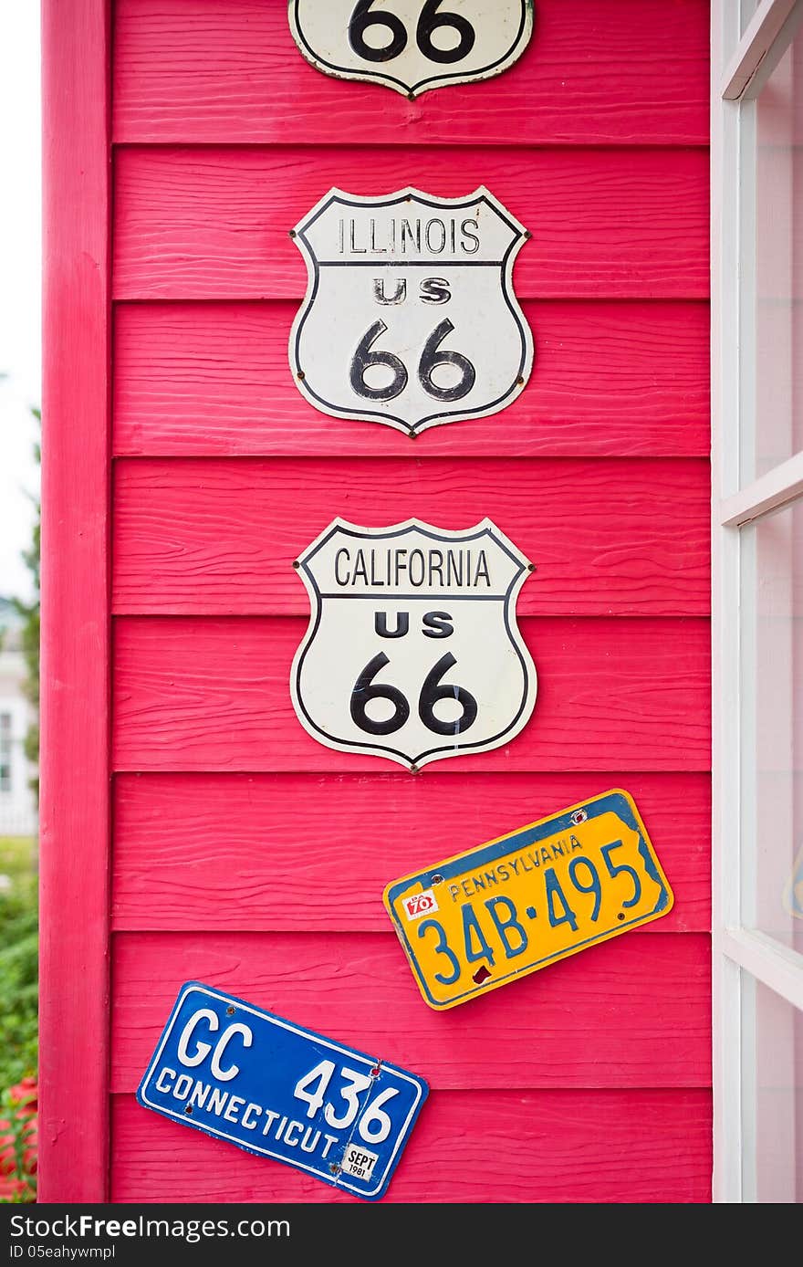 Route 66 highway signs and license plates