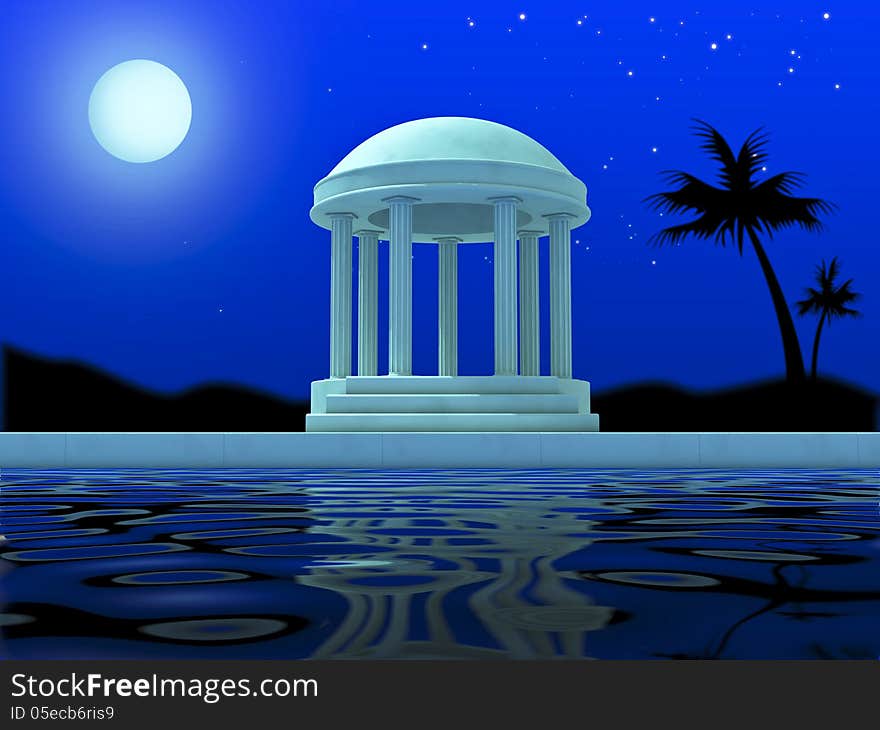 Antique rotunda in beams of the full moon with reflection in water. Antique rotunda in beams of the full moon with reflection in water