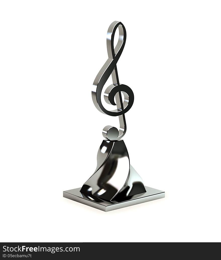 3d treble clef from bright metal on an original support.