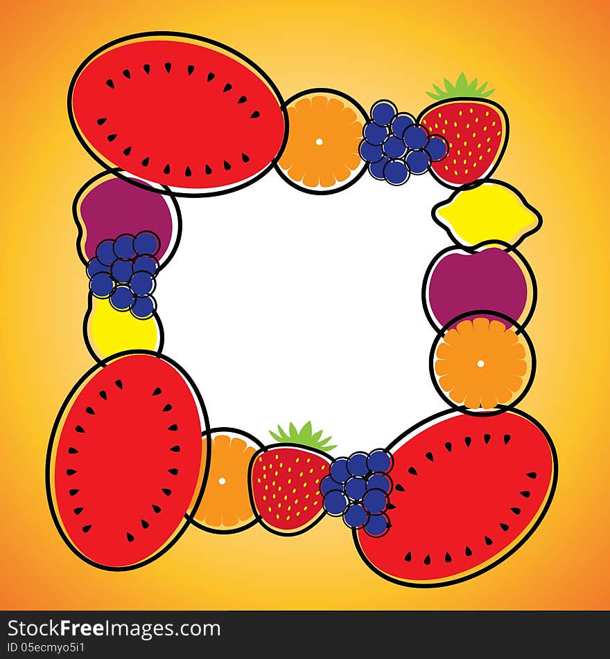 Seamless background pattern- melon,orange,grapes,lemon & plum. This graphic illustration can be used for wallpaper, pattern fills, web page background, surface textures, etc.