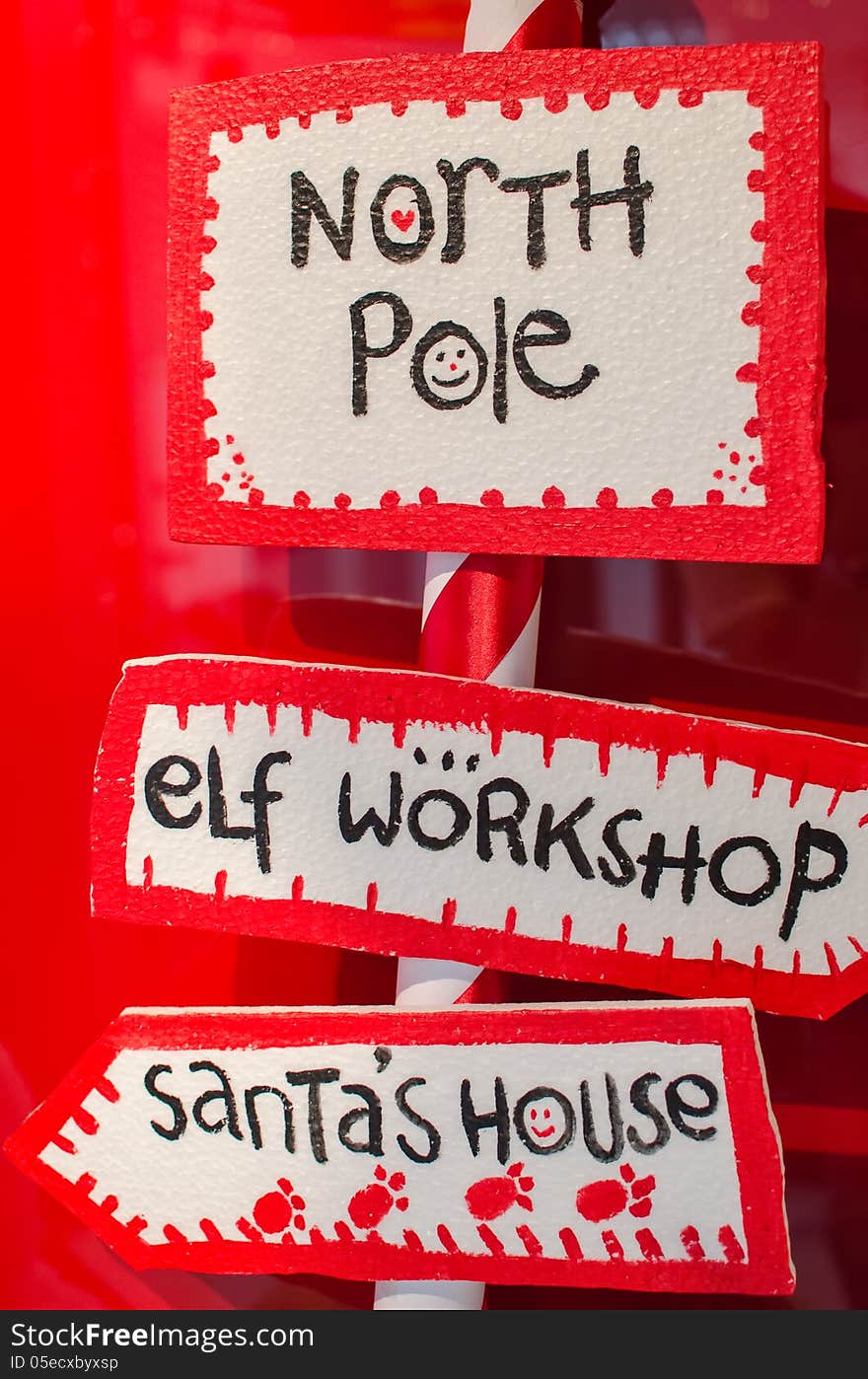 North Pole, Elf's Workshop and Santa's House signboards. North Pole, Elf's Workshop and Santa's House signboards