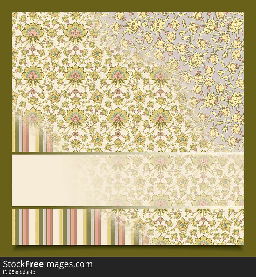 Vintage abstract retro background for greeting, invitation, congratulation, card with floral seamless transparent ornaments, decorative banner for text box. Old style pattern design. Vintage abstract retro background for greeting, invitation, congratulation, card with floral seamless transparent ornaments, decorative banner for text box. Old style pattern design