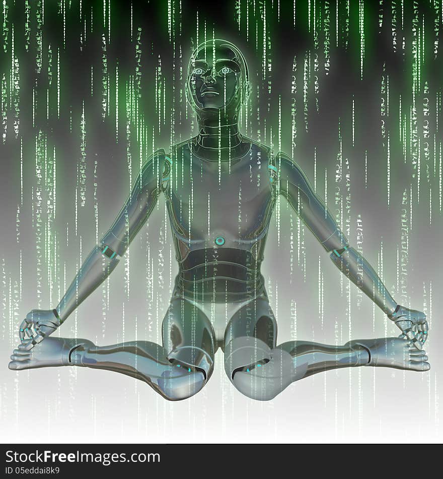 Abstract matrix green background with streaming code and humanoid. Abstract matrix green background with streaming code and humanoid.