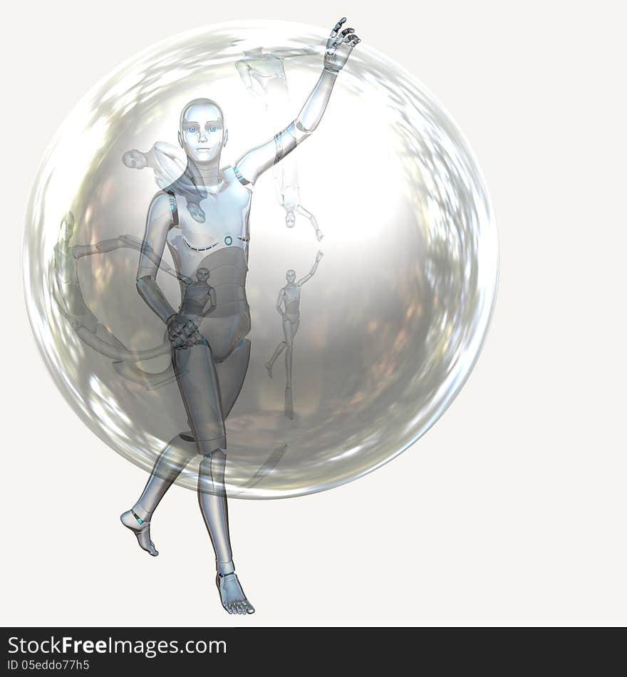 Cyborg, humanoid with transparent sphere, futuristic background. Cyborg, humanoid with transparent sphere, futuristic background.