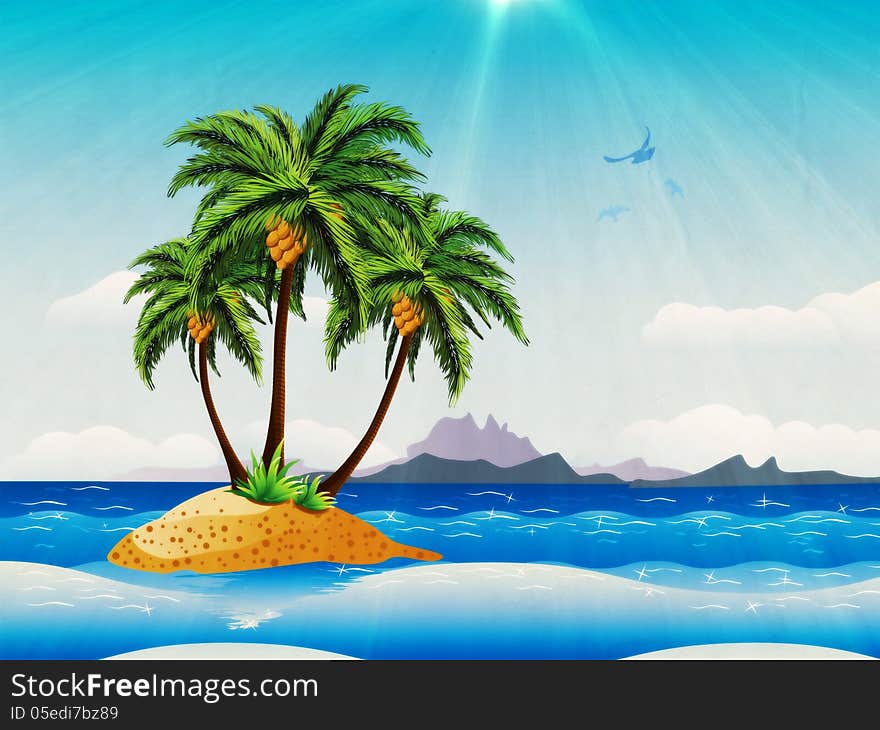 Grunge background with tropical island with palm trees in the ocean. Grunge background with tropical island with palm trees in the ocean.