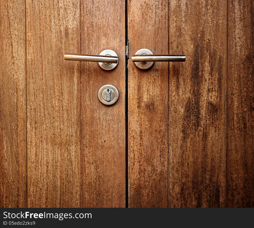 Double wooden door handles background