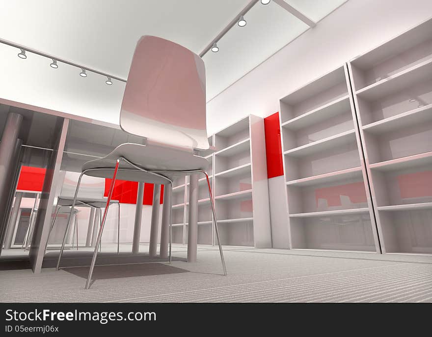 Abstract warehouse interior with shelves and workplace