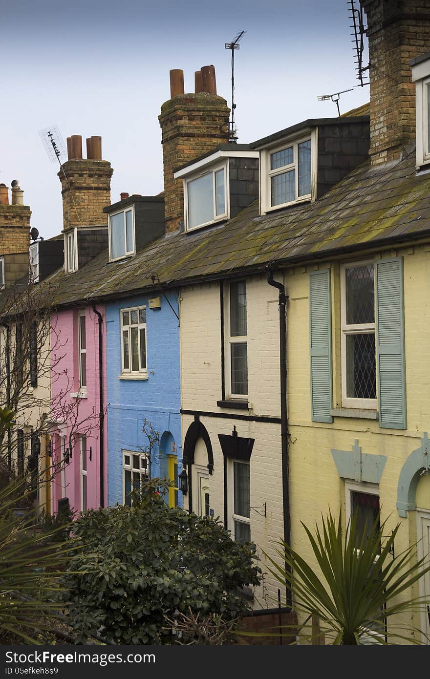 Pretty home frontages on terraced street in Kent. Pretty home frontages on terraced street in Kent