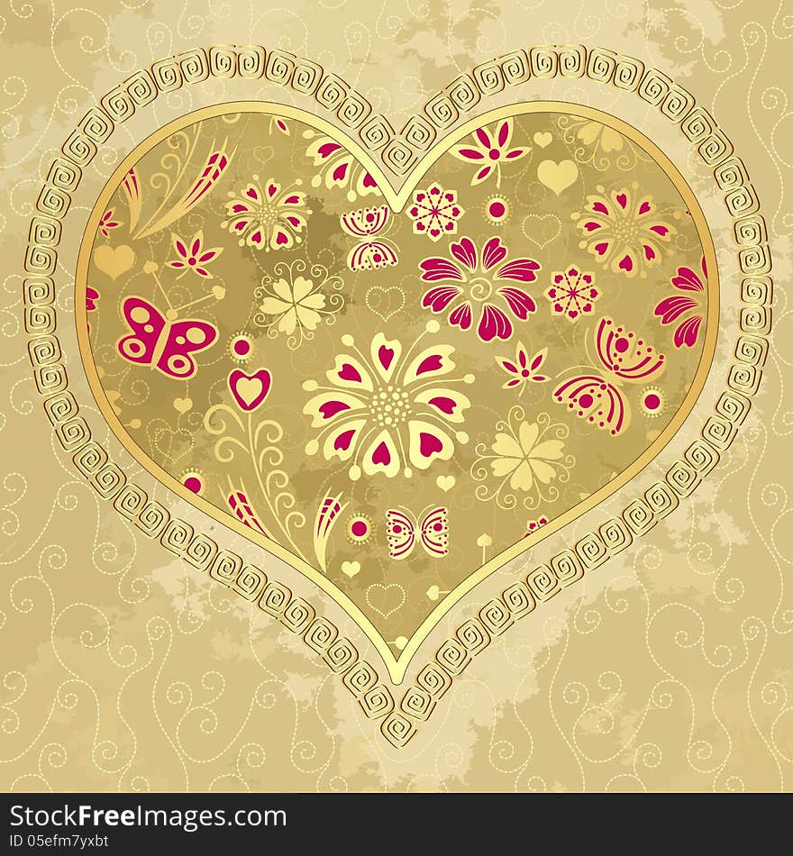 Old grunge paper with big gold heart with floral pattern (vector EPS 10). Old grunge paper with big gold heart with floral pattern (vector EPS 10)