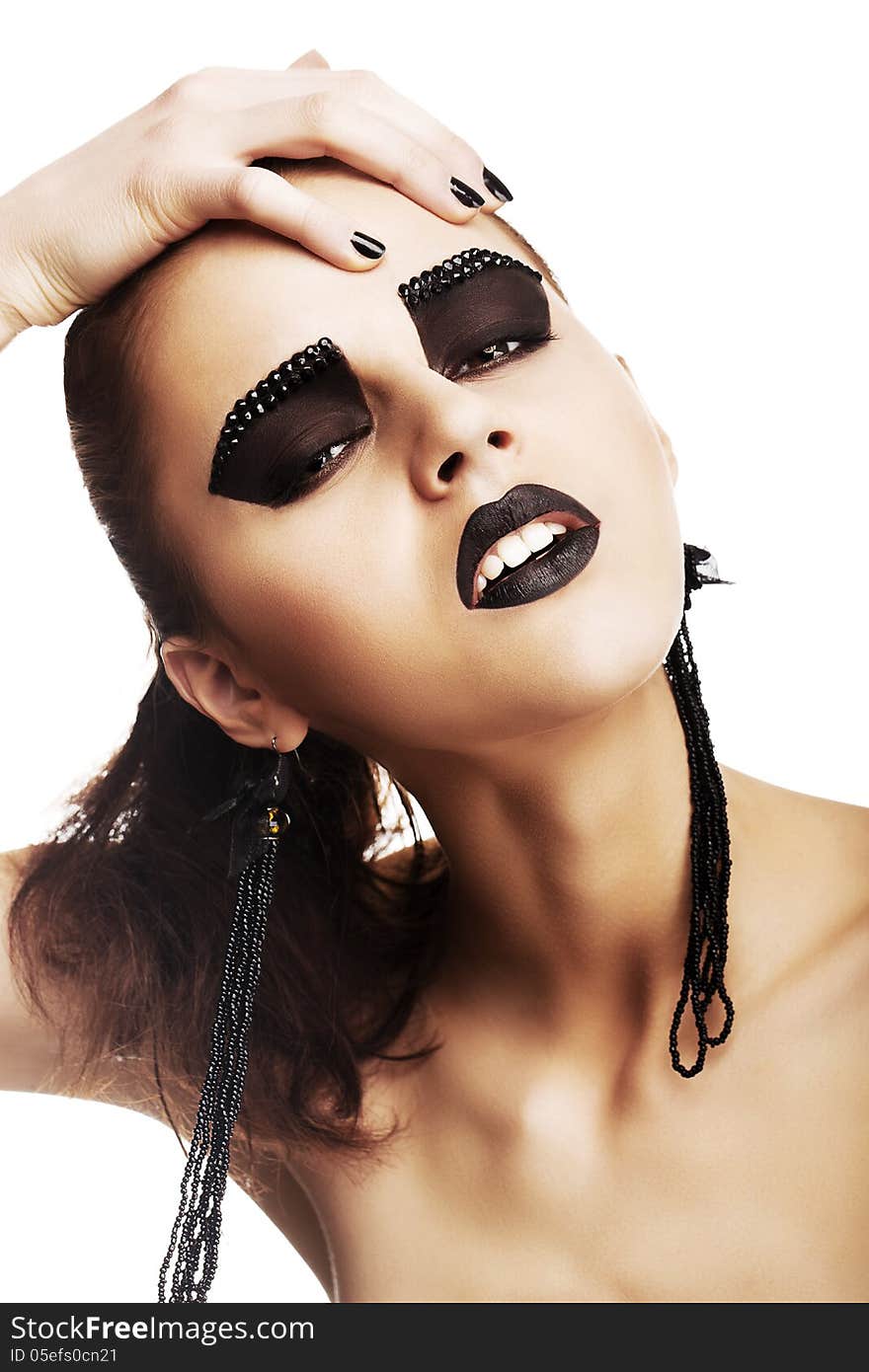 Expressive Emotions. Funky Woman Hipster with Crazy Black Makeup. Creativity