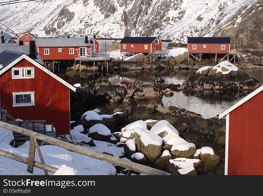 Hut on the Fjord, Lofoten islands, during winter